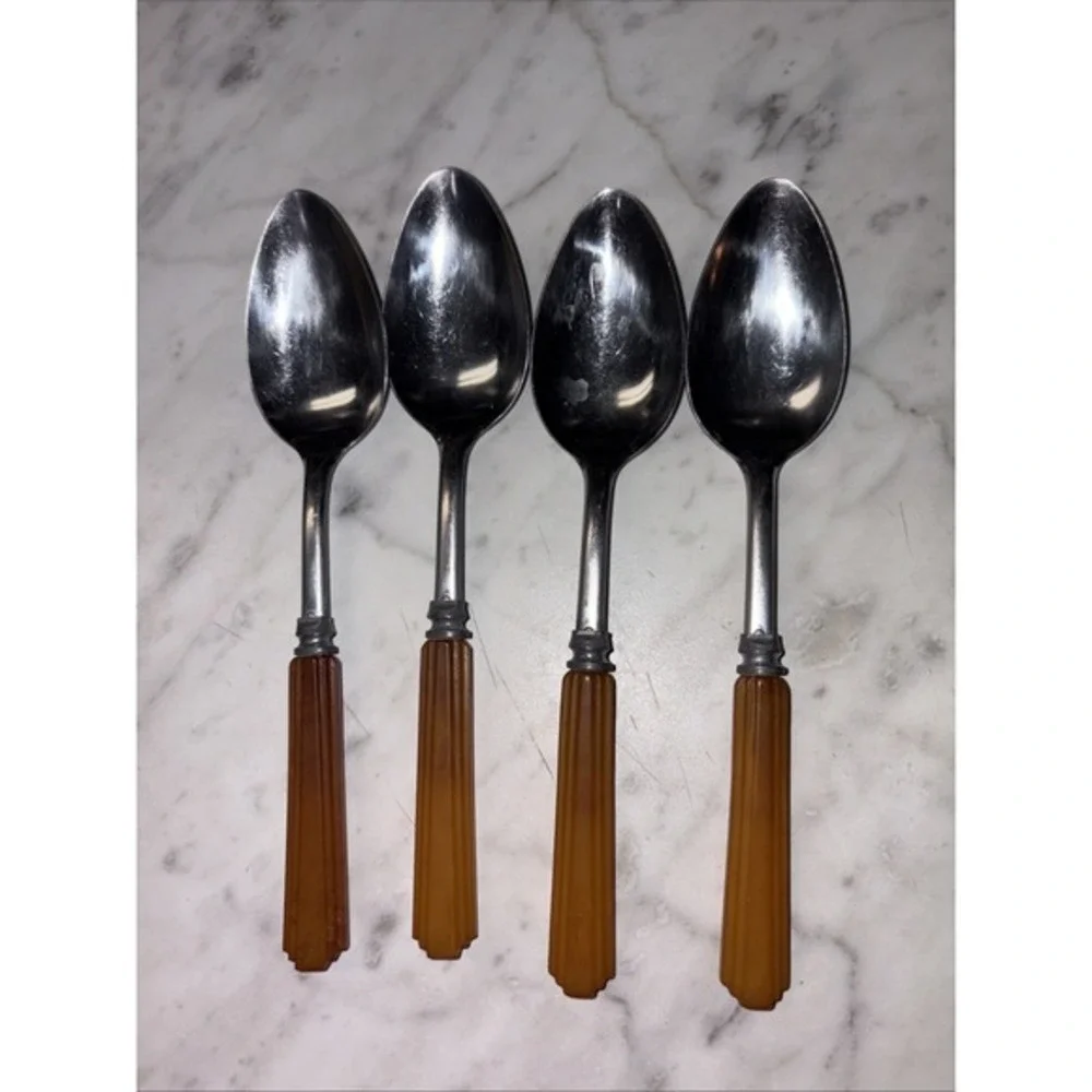 VTG Set of 4 Teaspoons Butterscotch‎ Bakelite Amber Handles MCM Style Farmhouse